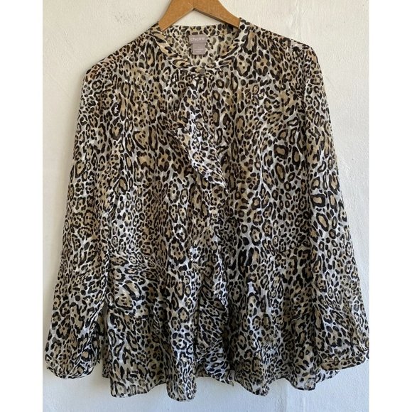 Chico's Womens Shirt Size 1 8/10 Animal Print Ruffle Hidden Button Down … - Picture 1 of 9